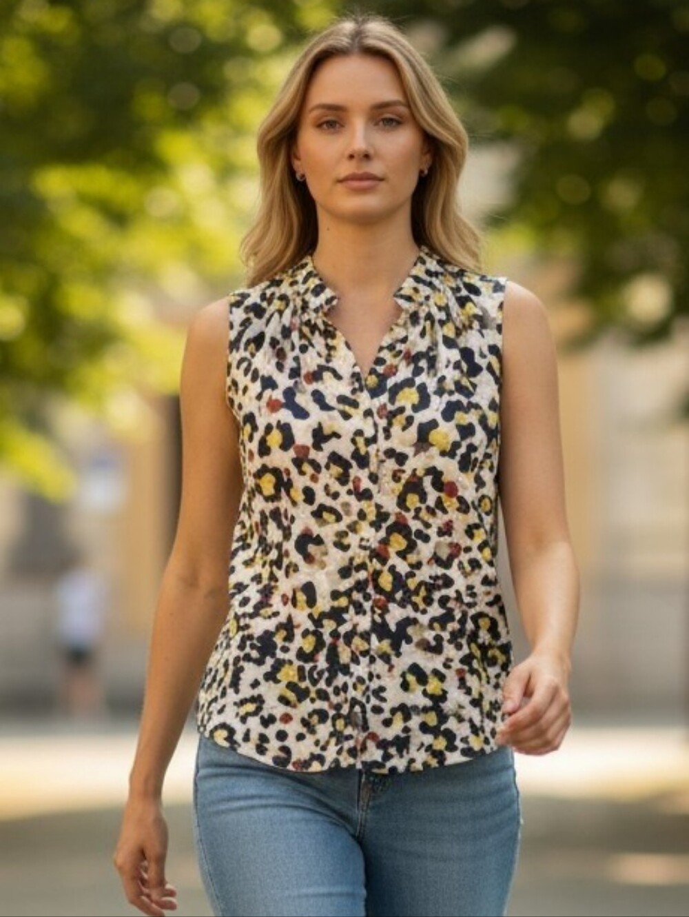 Cabi Sleeveless Animal Print V-Neck Top